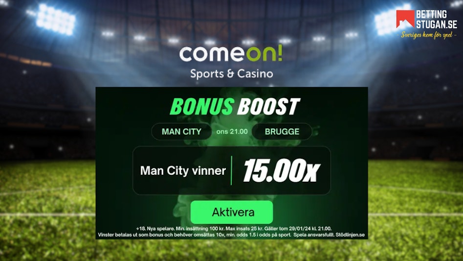 Oddsboost ComeOn Bettingstugan - Man City vs Club Brugge Champions League oddsboost kampanj